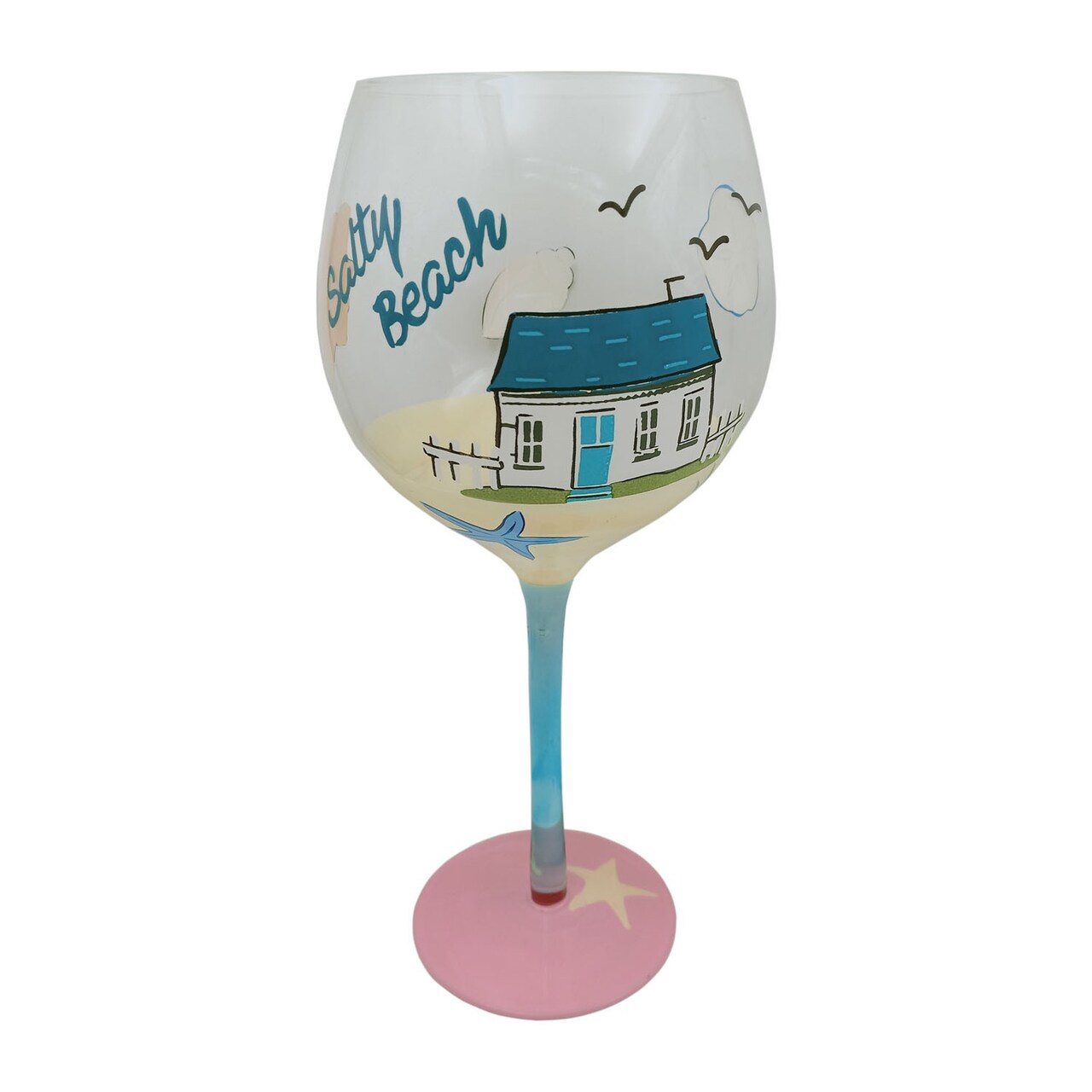 Beachside Painted Wine Glass Drinkware Gift Coastal Nautical Ocean Beach Sea Life 4.6 x 4.6 x 8.7